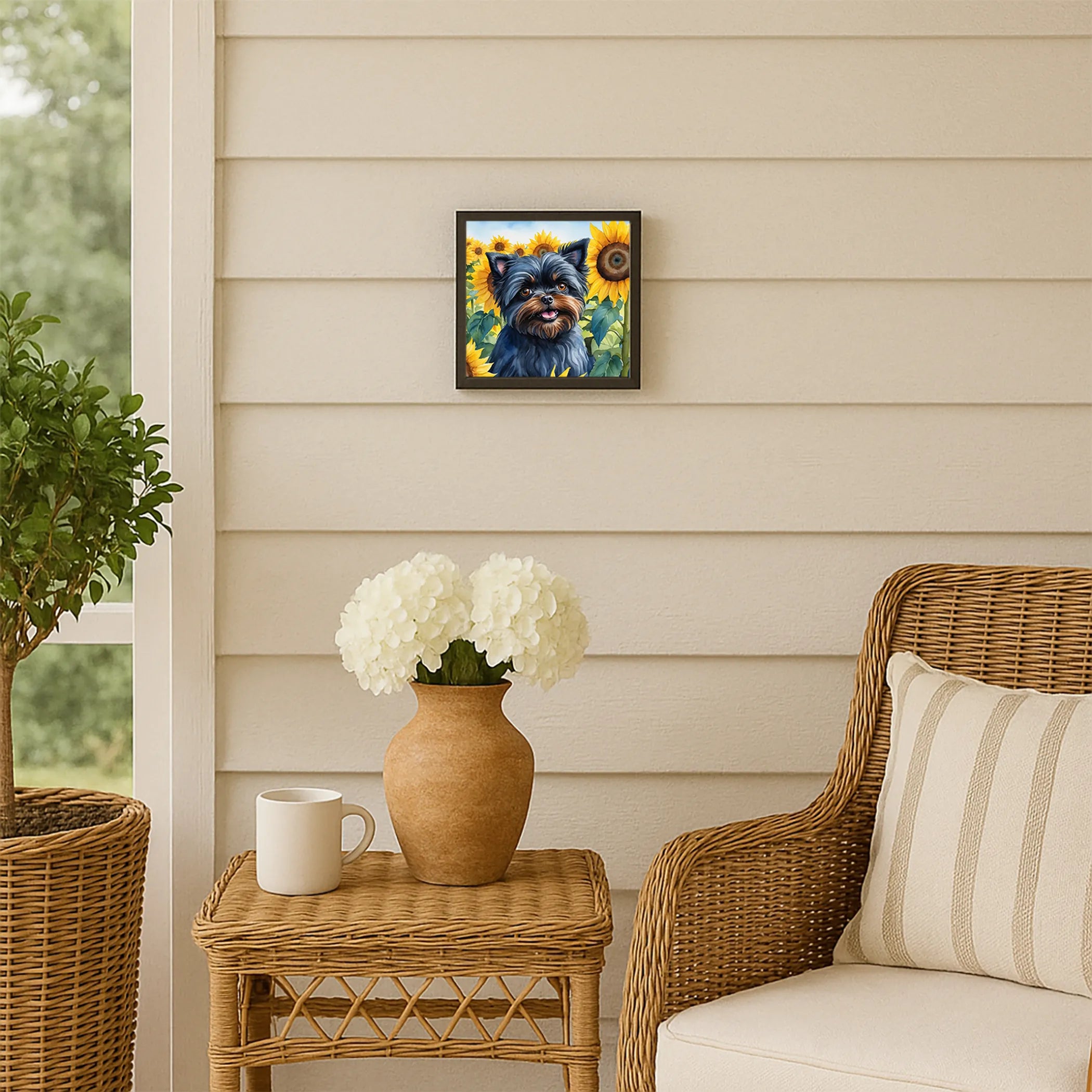 Affenpinscher in Sunflowers Framed Metal Print - Size: 8X8 | Pack Of: 1 | Collection name: In sunflowers