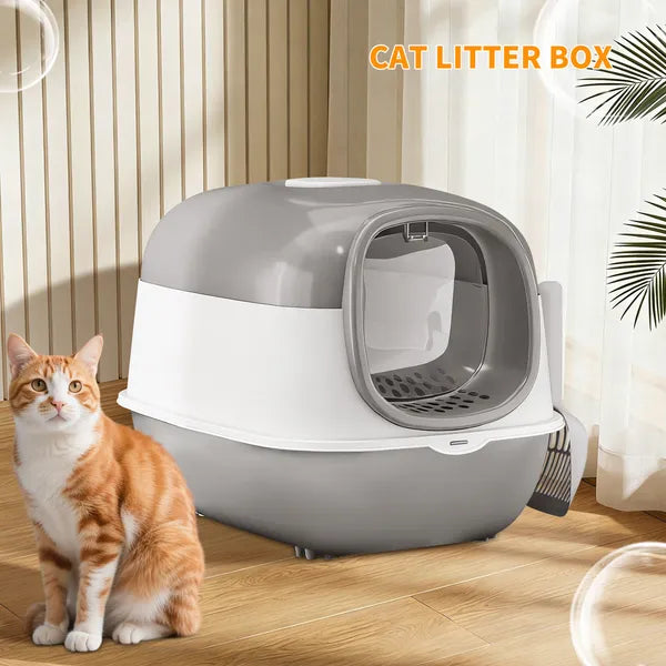 Gray Open-Top Cat Litter Box with Scoop