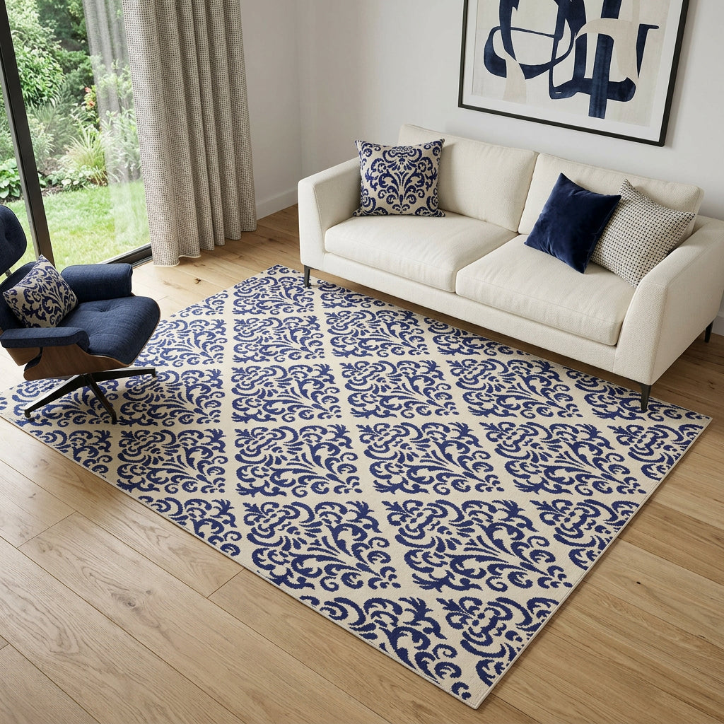 5' X 7' Blue And White Damask Area Rug