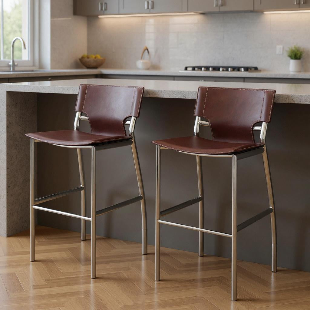 Set of Two 25" Brown and Silver Faux Leather and Metal Low Back Counter Height Bar Chairs