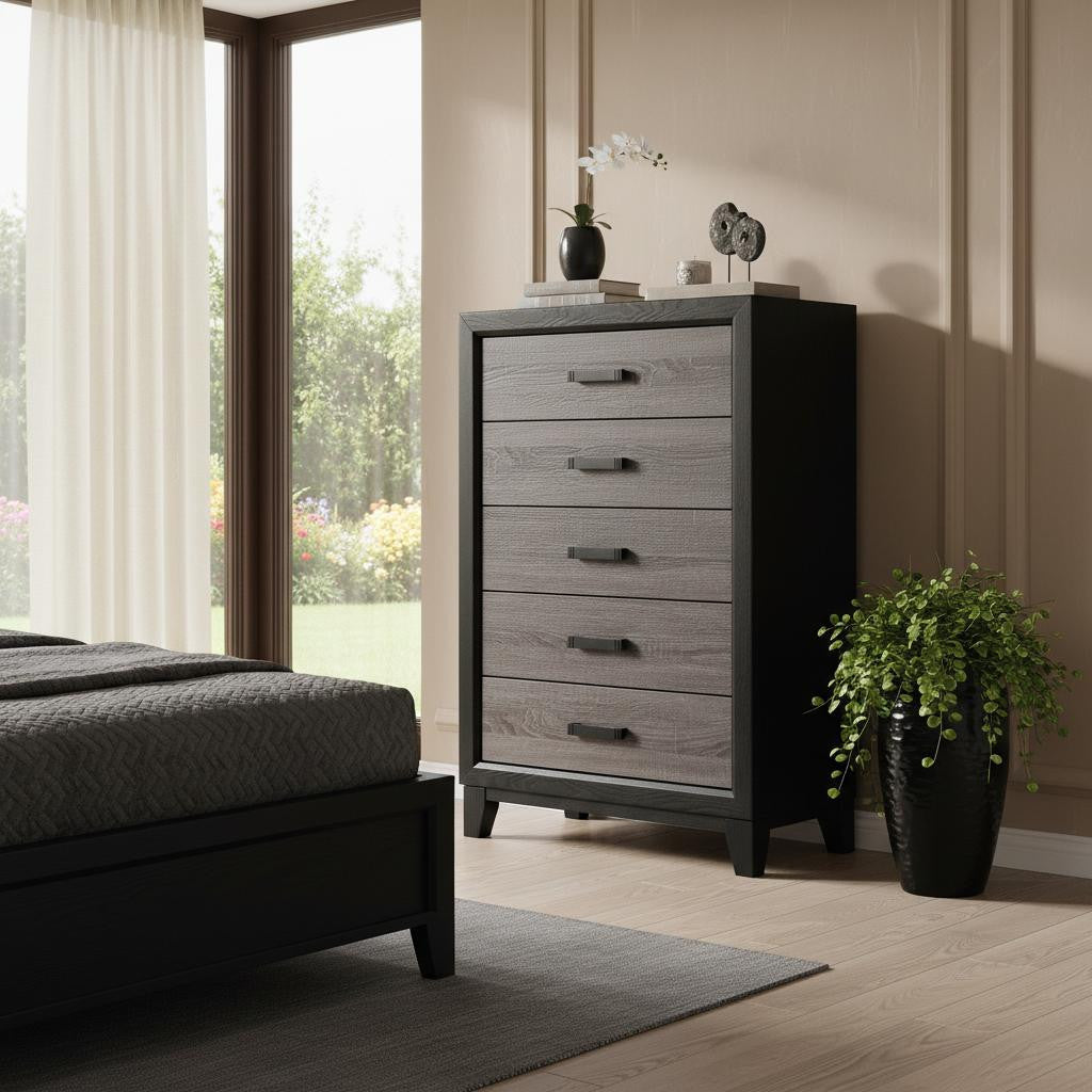 32" Black And Gray Wood Five Drawer Dresser