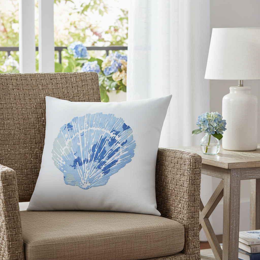 18" Blue And White Coastal Seashell Throw Pillow
