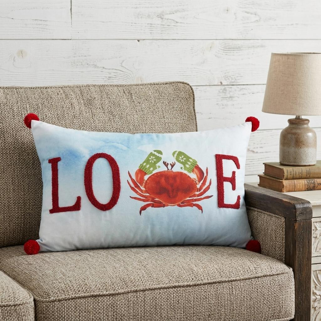 14" X 22" Blue White And Red Crab Love Throw Pillow with Embroidery