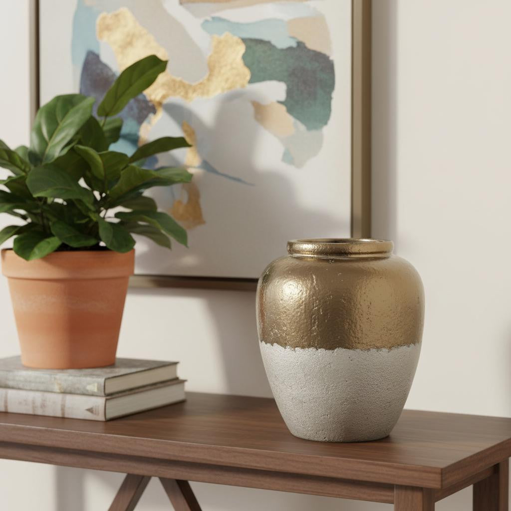 16" Antiqued Bronze And Light Gray Color Block Ceramic Round Jug Vase