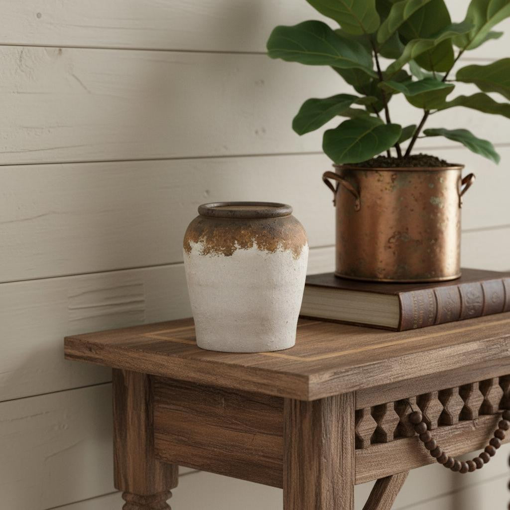 8" Brown And White Color Block Ceramic Round Table Vase