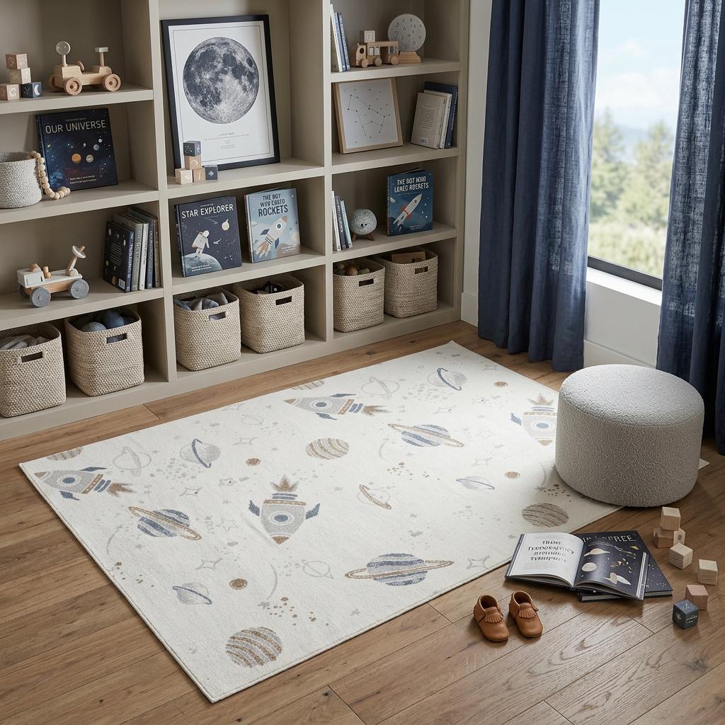 5' X 7' Ivory Spaceships Youthful Washable Area Rug