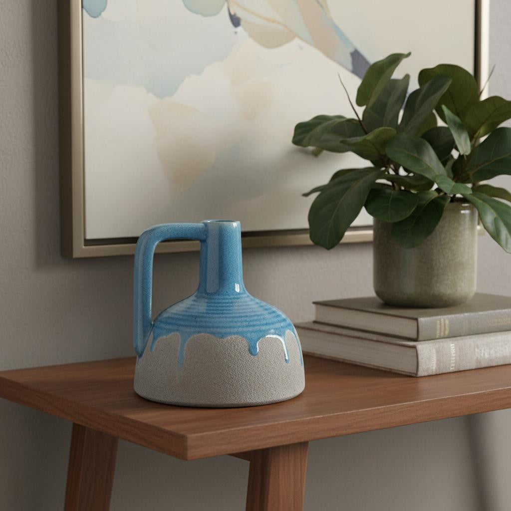 9" Blue And Gray Ceramic Urn Jug Vase