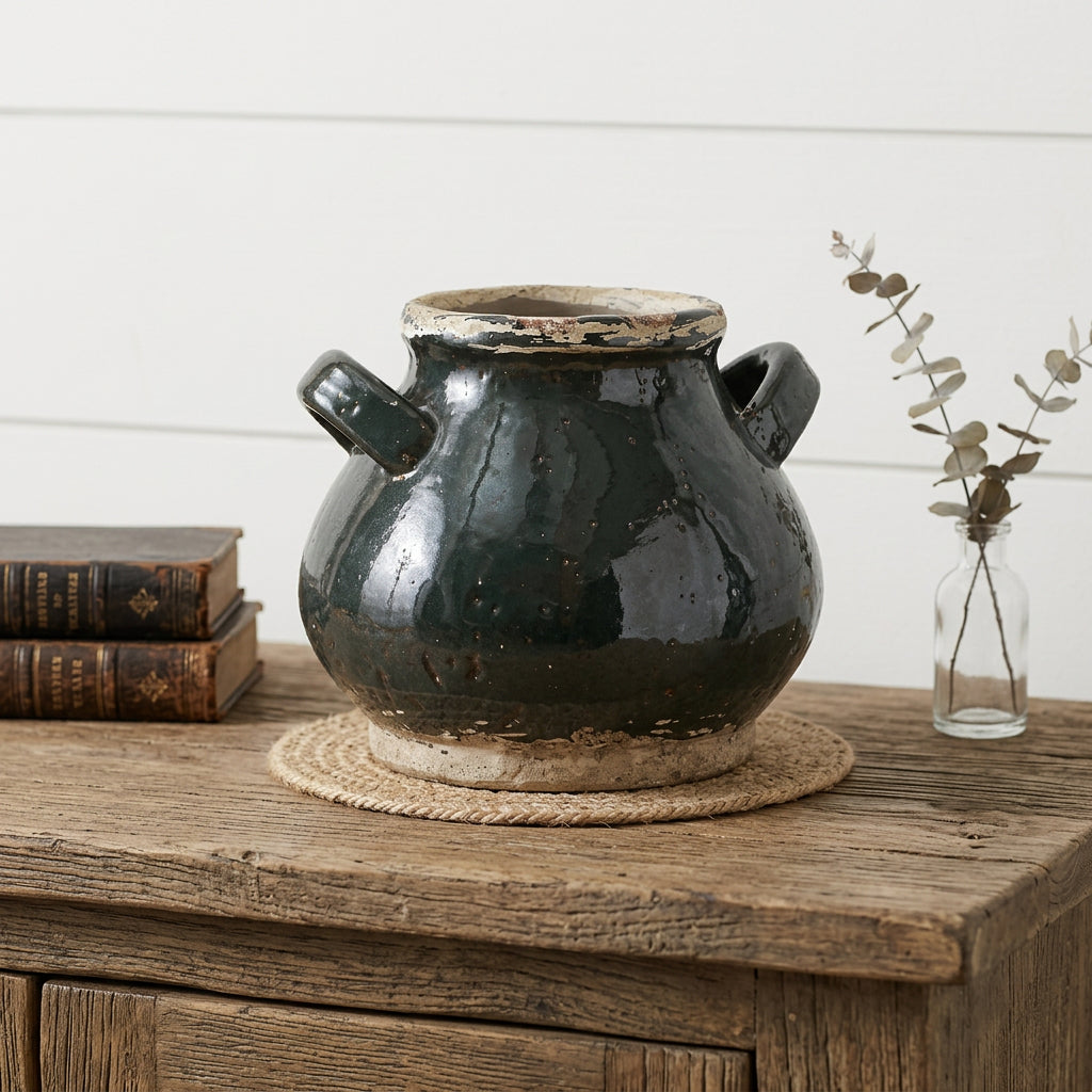 7" Dark Green And Sand Terracotta Round Jug Vase