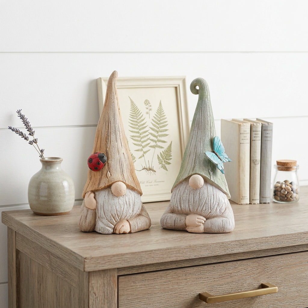 Set of Two Green Ivory And Light Brown Resin Gnome Tabletop Sculptures