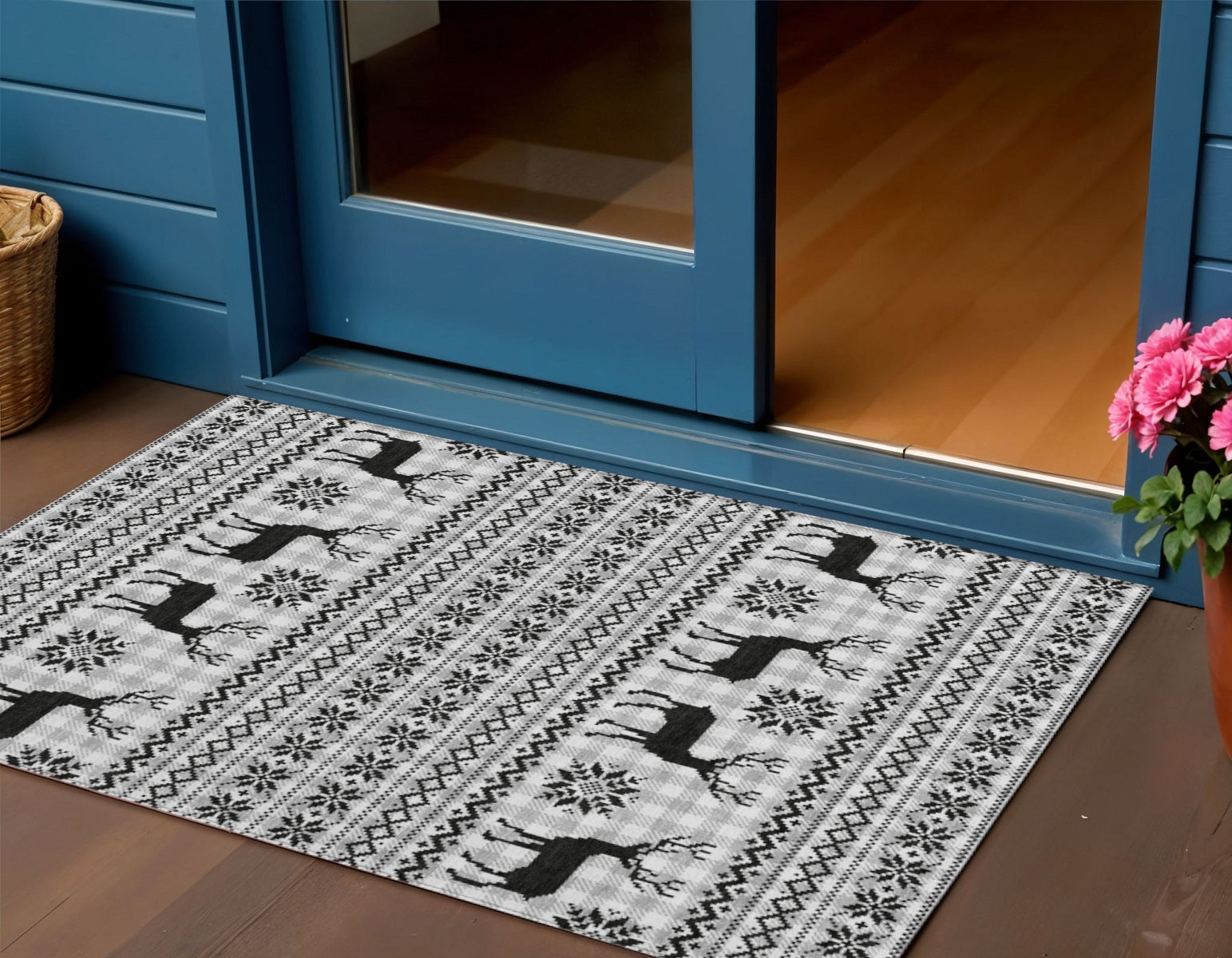 Silver Black And Ivory Deer Washable Indoor Outdoor Area Rug