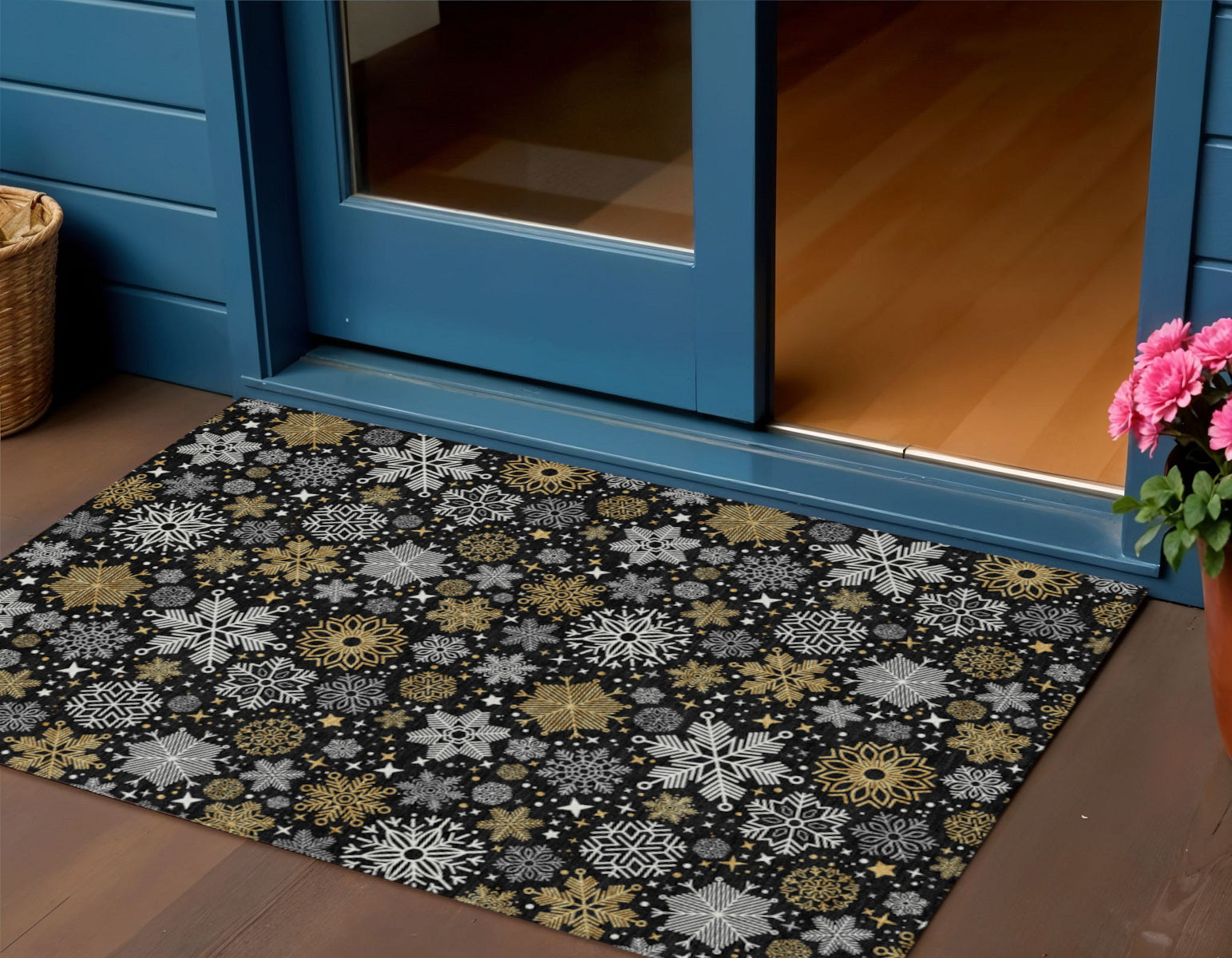 Black Gold And Gray Snowflake Washable Indoor Outdoor Area Rug