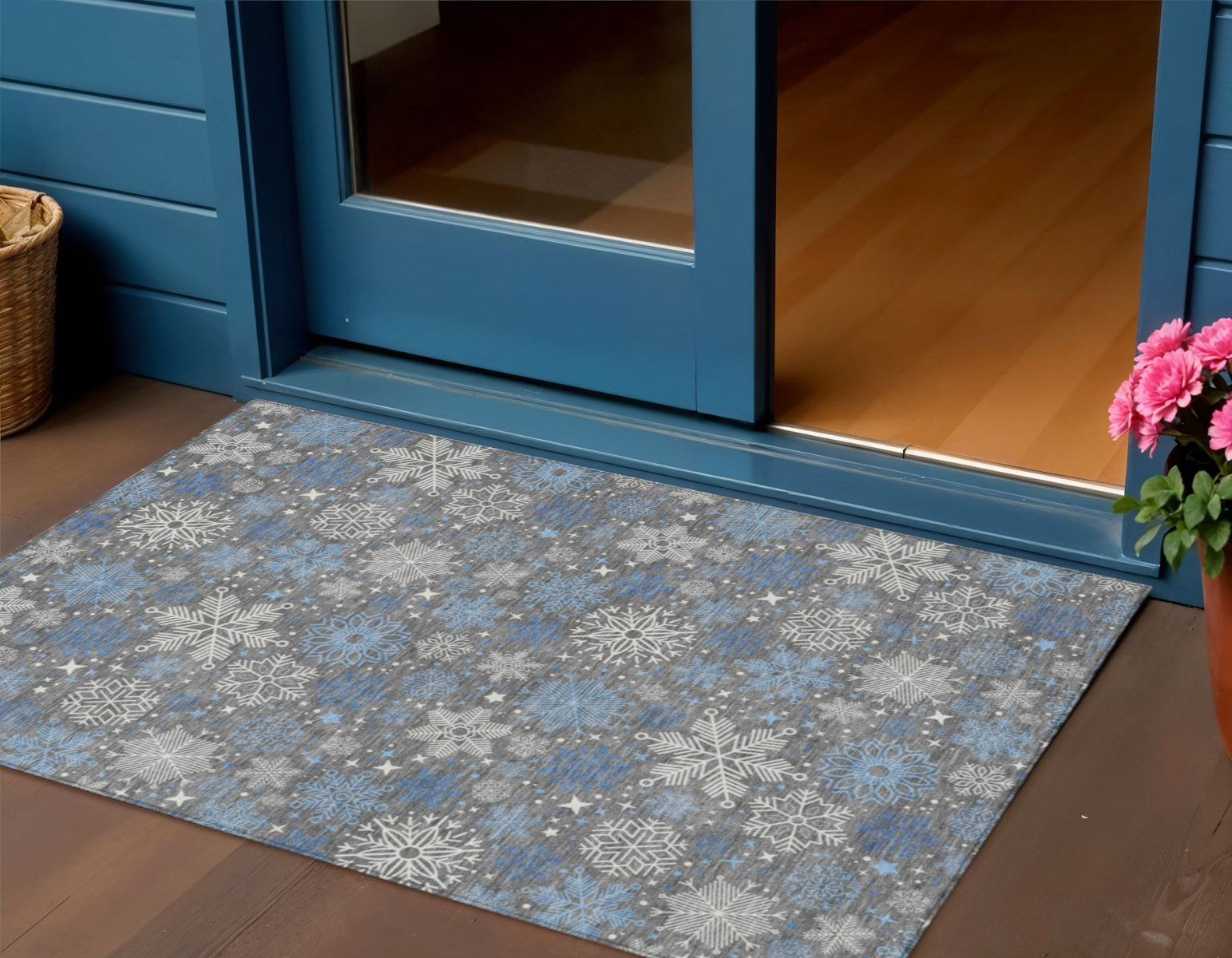 Gray Blue And Ivory Snowflake Washable Indoor Outdoor Area Rug