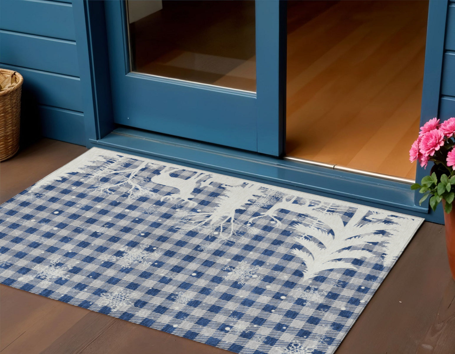 Blue Ivory And Gray Plaid Washable Indoor Outdoor Area Rug