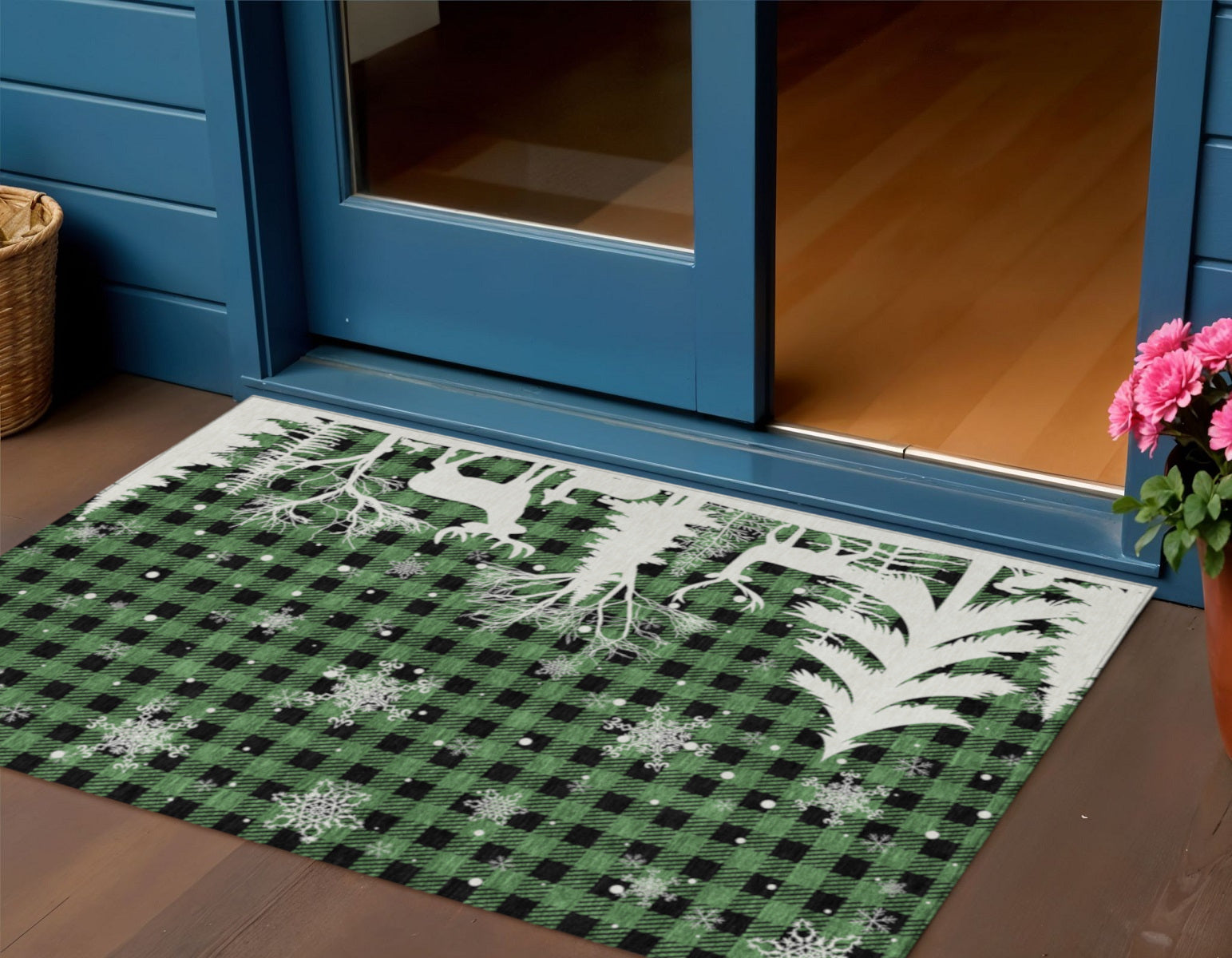Green Black And Ivory Plaid Washable Indoor Outdoor Area Rug