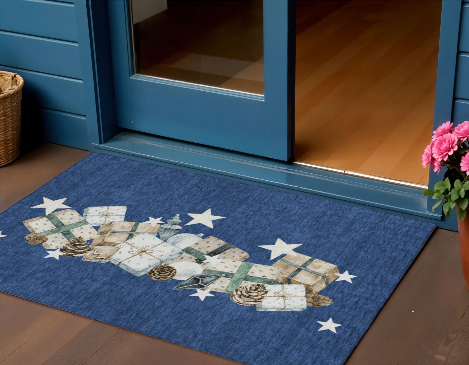 Navy Blue Beige Ivory And Taupe Presents Washable Indoor Outdoor Area Rug