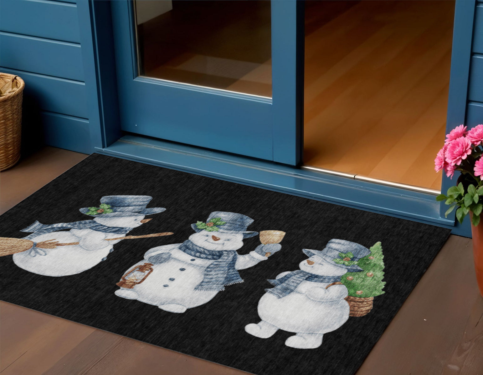 Black Denim Blue And Ivory Snowmen Washable Indoor Outdoor Area Rug