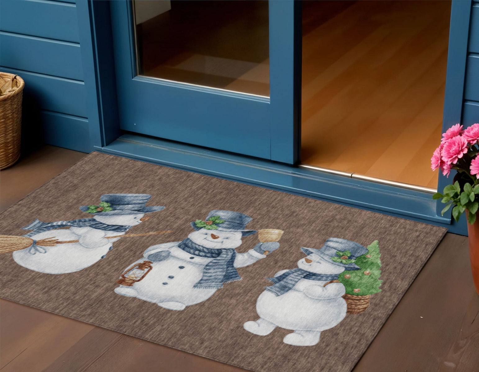 Brown Denim Blue And Ivory Snowmen Washable Indoor Outdoor Area Rug