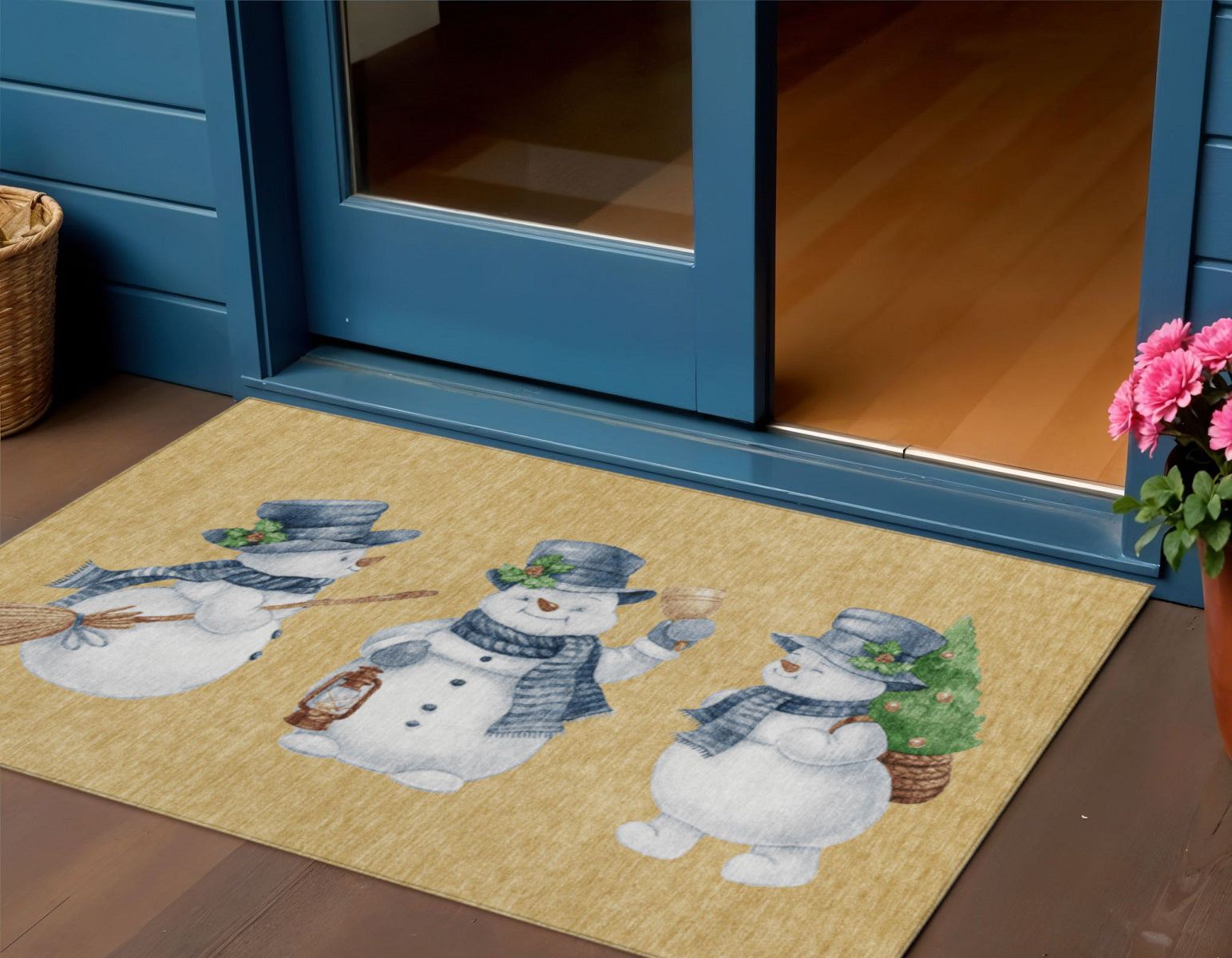 Gold Denim Blue And Ivory Snowmen Washable Indoor Outdoor Area Rug