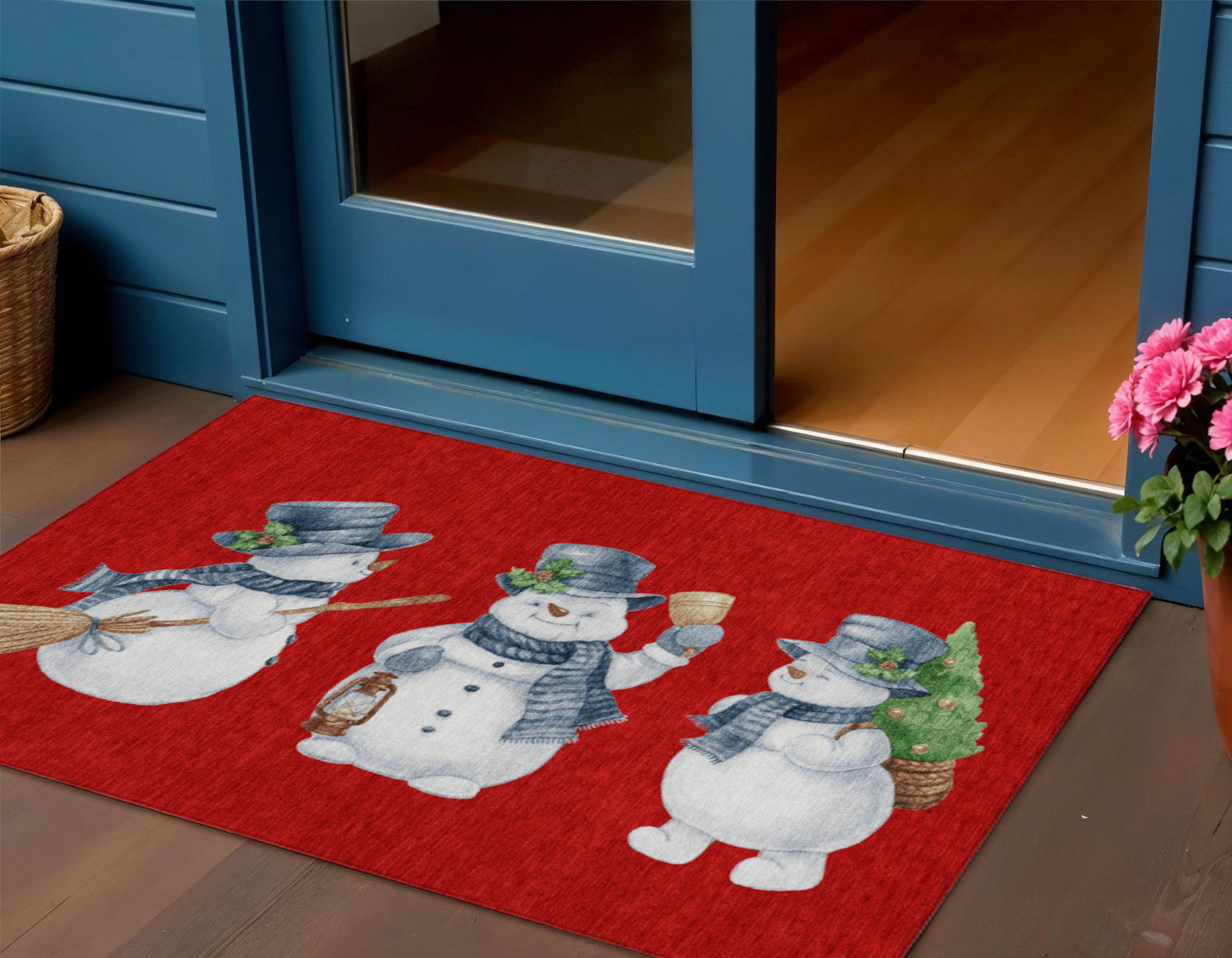 Red Denim Blue And Ivory Snowmen Washable Indoor Outdoor Area Rug