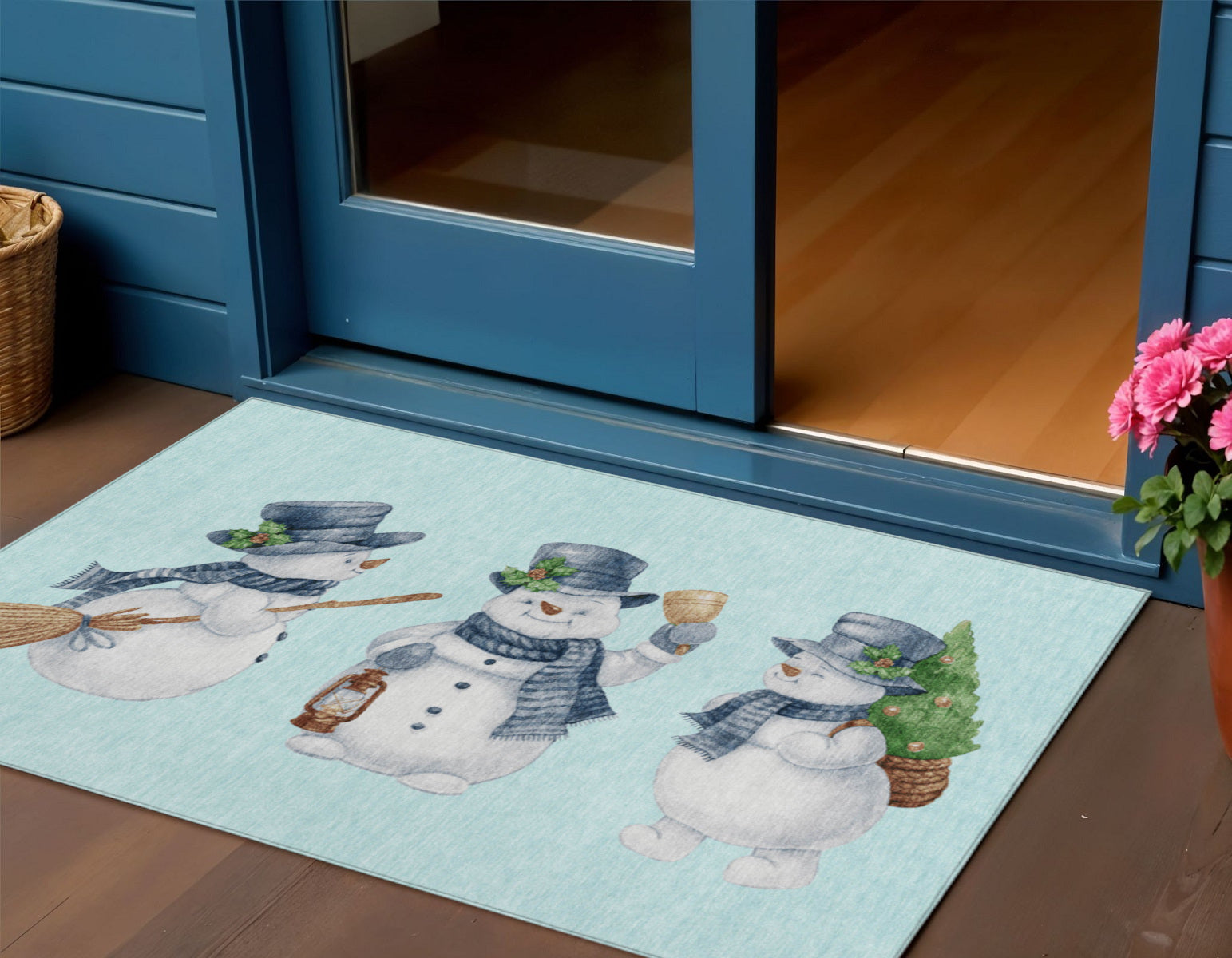 Sky Blue Denim Blue And Ivory Snowmen Washable Indoor Outdoor Area Rug