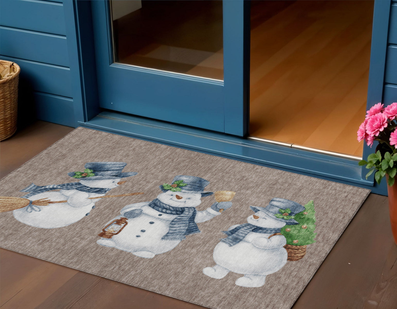 Taupe Denim Blue And Ivory Snowmen Washable Indoor Outdoor Area Rug
