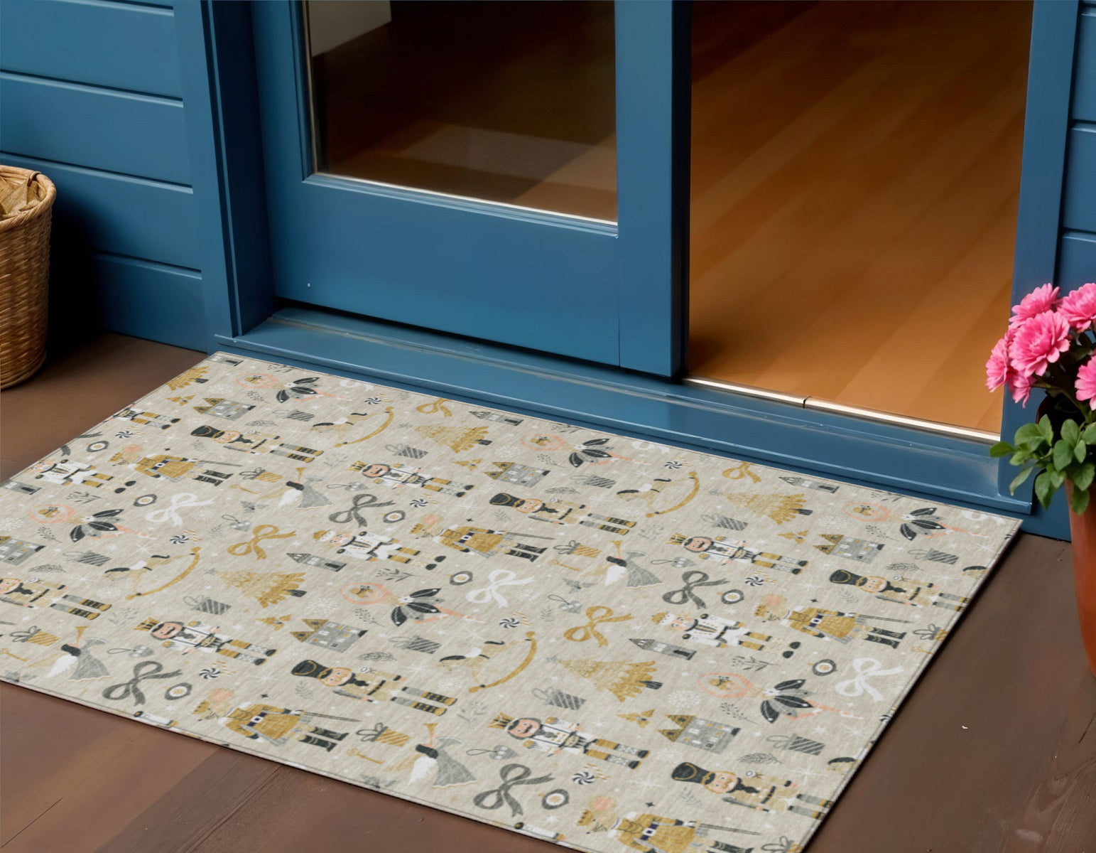 Beige Gold Black And Gray Nutcracker Washable Indoor Outdoor Area Rug