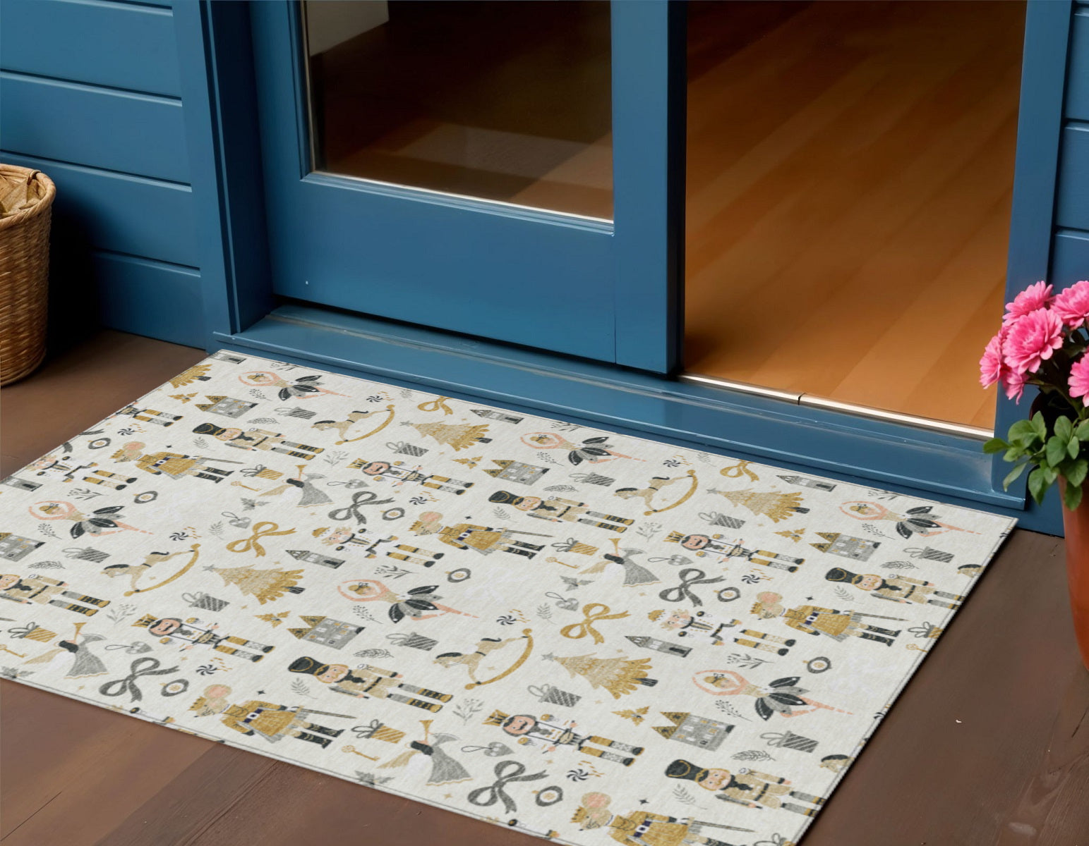 Ivory Gold Black And Gray Nutcracker Washable Indoor Outdoor Area Rug