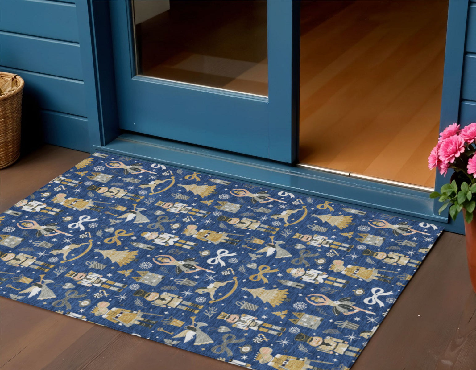 Navy Blue Gold Black And Gray Nutcracker Washable Indoor Outdoor Area Rug