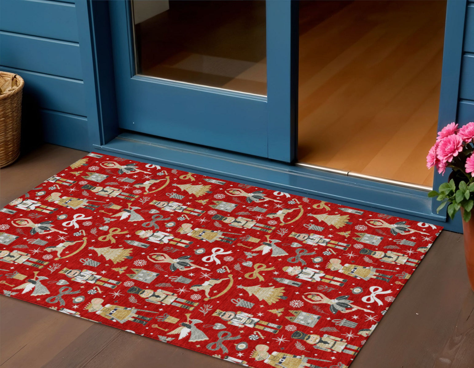 Red Gold Black And Gray Nutcracker Washable Indoor Outdoor Area Rug
