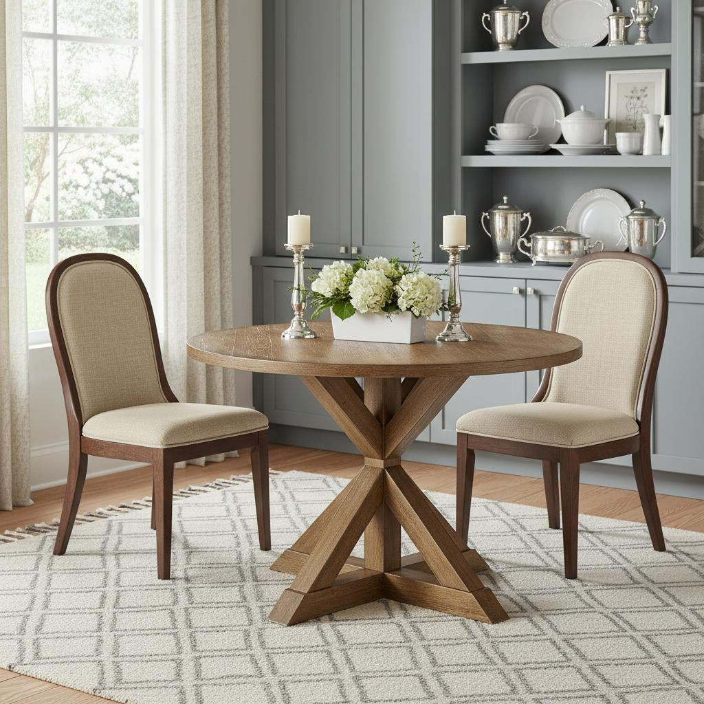 48" Oak Wood Cross Leg Base Round Top Dining Table