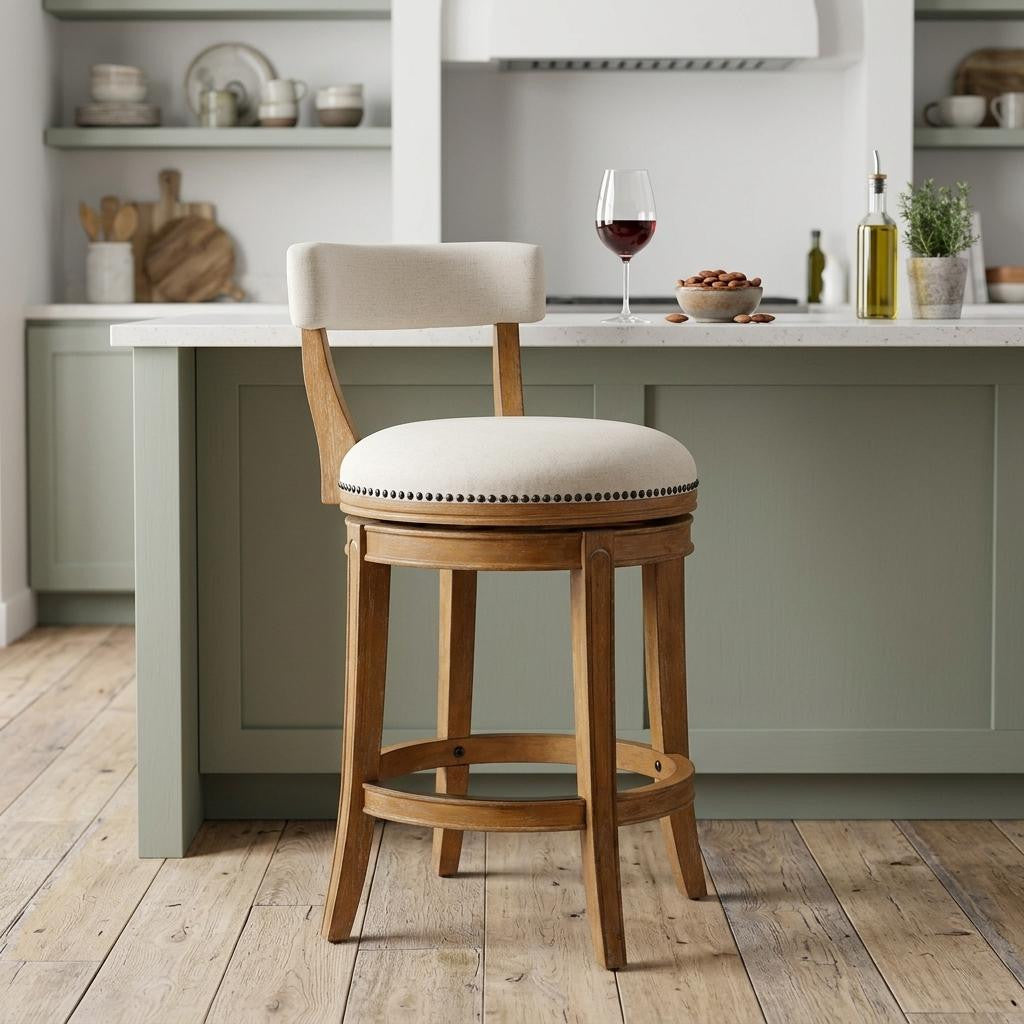 Linen and Brown Fabric and Solid Wood Low Back Counter Height Swivel Bar Chair