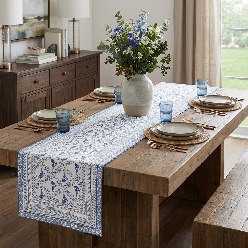 68" Blue And White Geometric And Floral Table Runner
