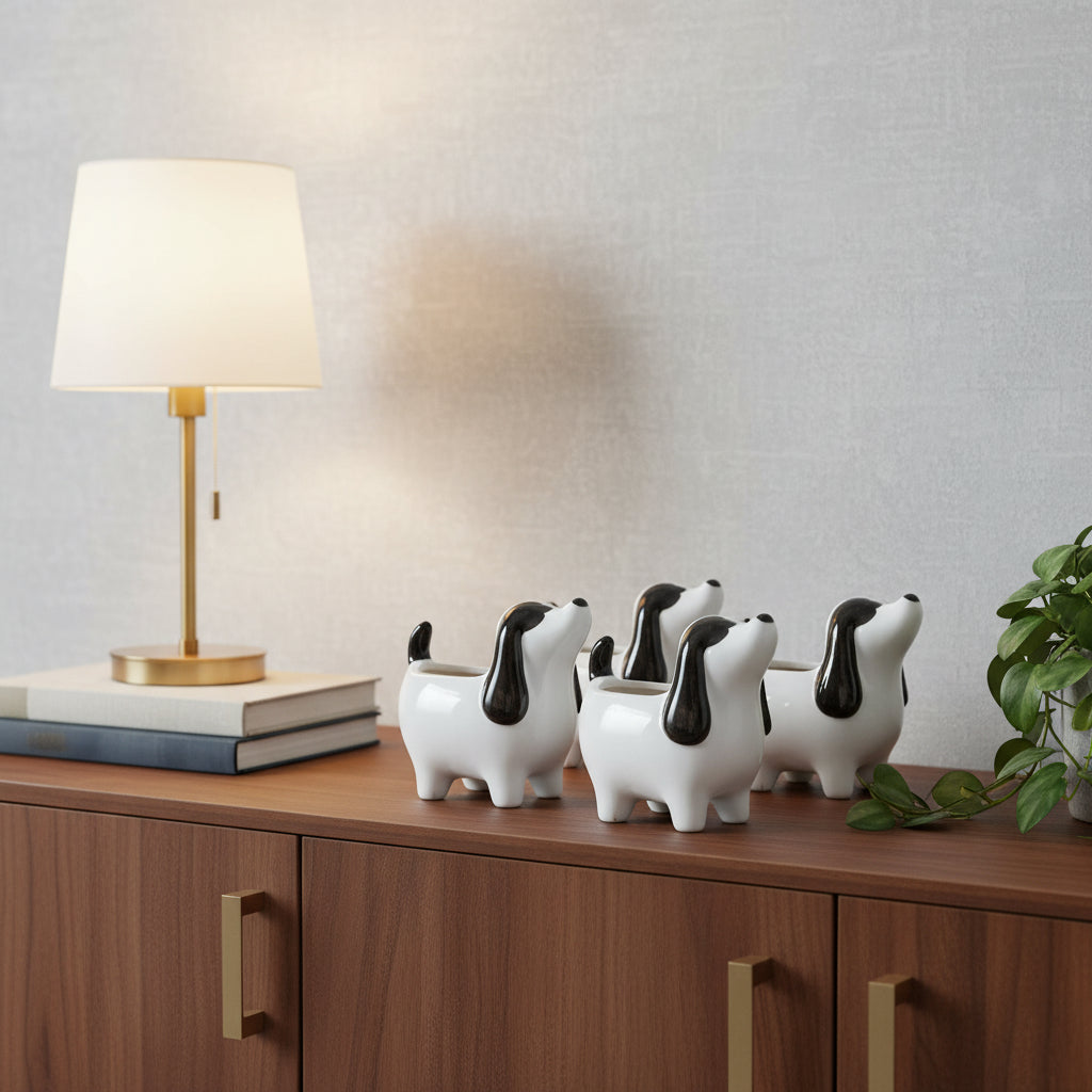 Set of Four Black And White Polyresin Dog Planters