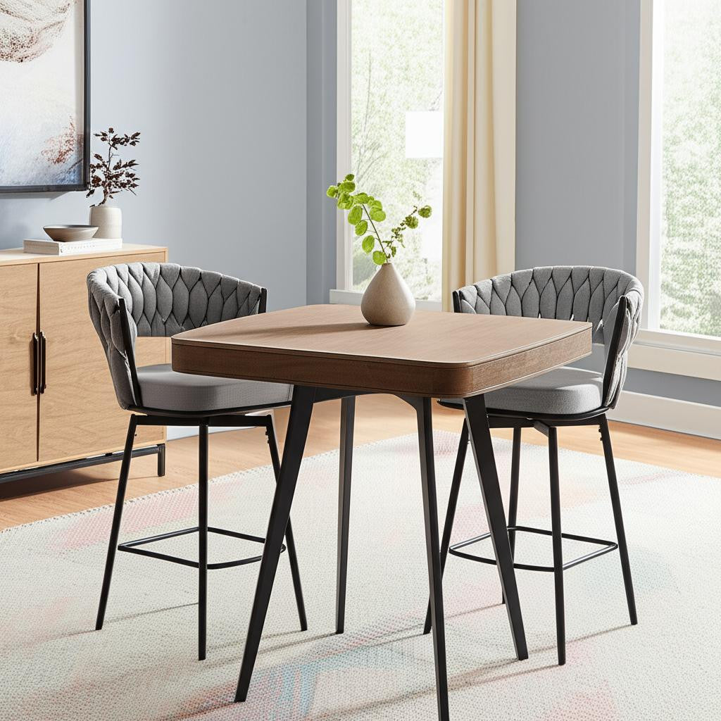 Set of Two 26" Gray and Black Fabric and Metal Counter Height Swivel Bar Chairs