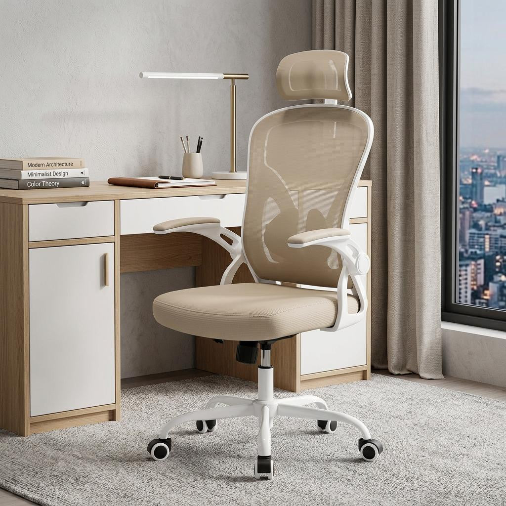 Beige and White Adjustable Height Swivel Rolling Executive Office Chair