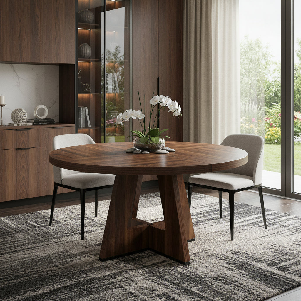 47" Brown Solid Wood Pedestal Base Round Top Dining Table