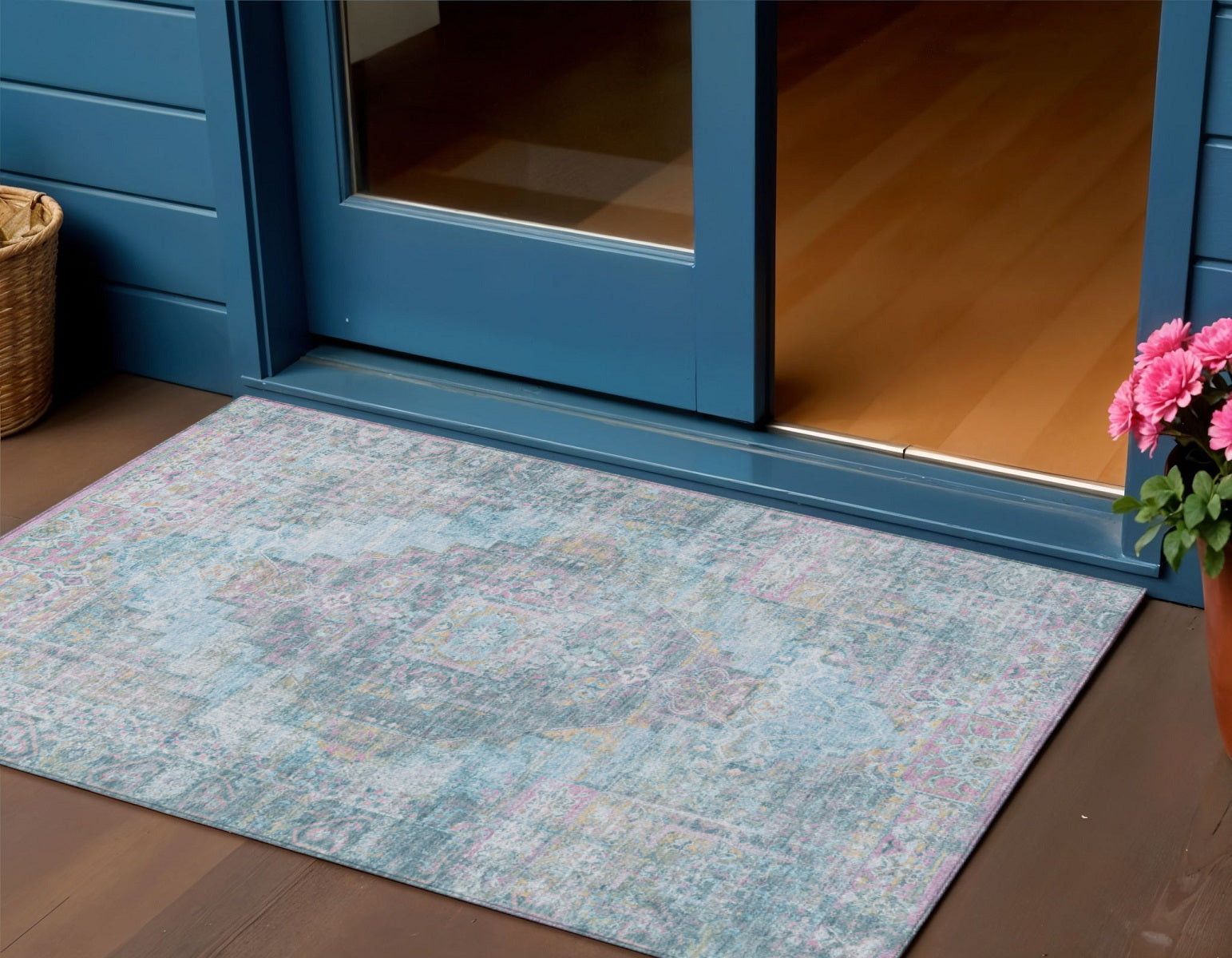 Blue And Pink Medallion Washable Indoor Outdoor Area Rug