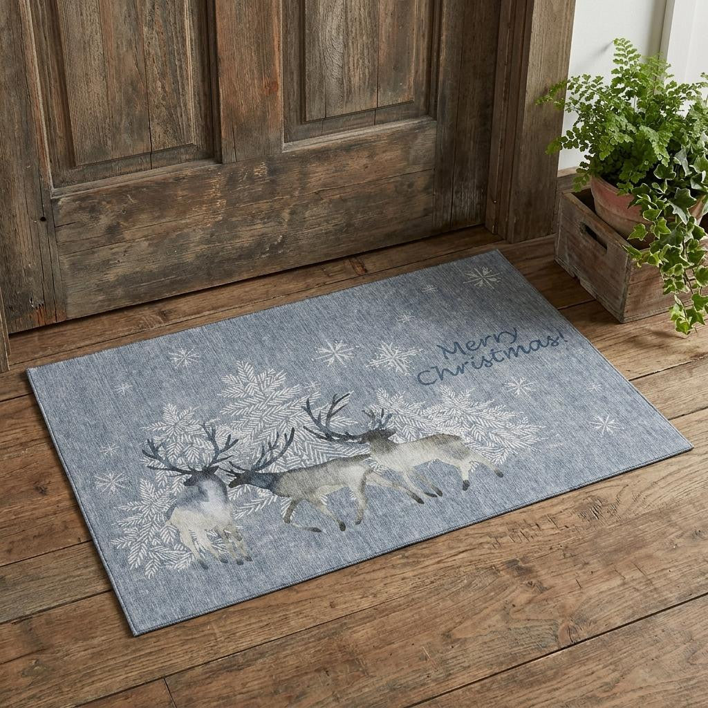 Gray Ivory And Blue Christmas Deer Washable Area Rug With UV Protection