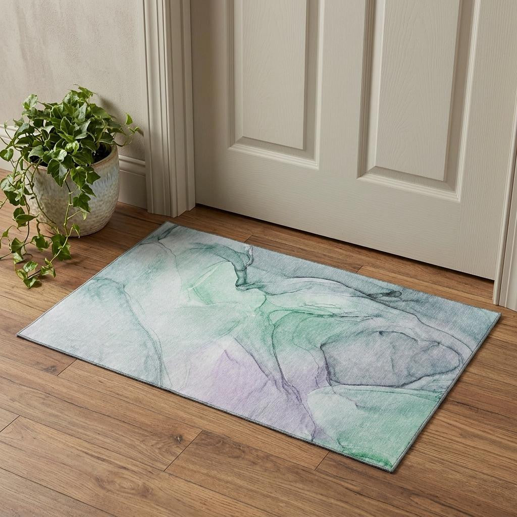 Blue And Green Abstract Washable Area Rug With UV Protection