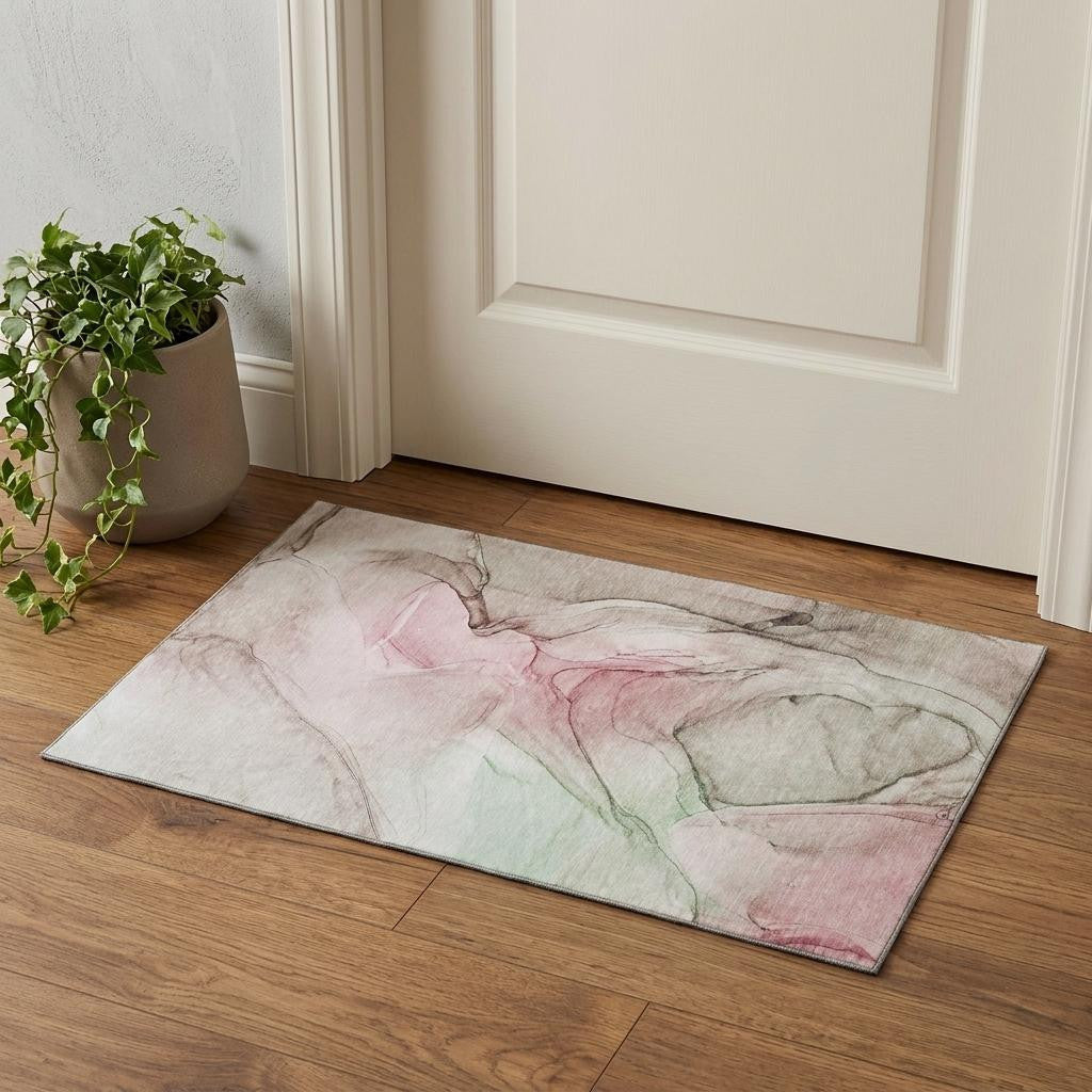 Blush And Ivory Abstract Washable Area Rug With UV Protection