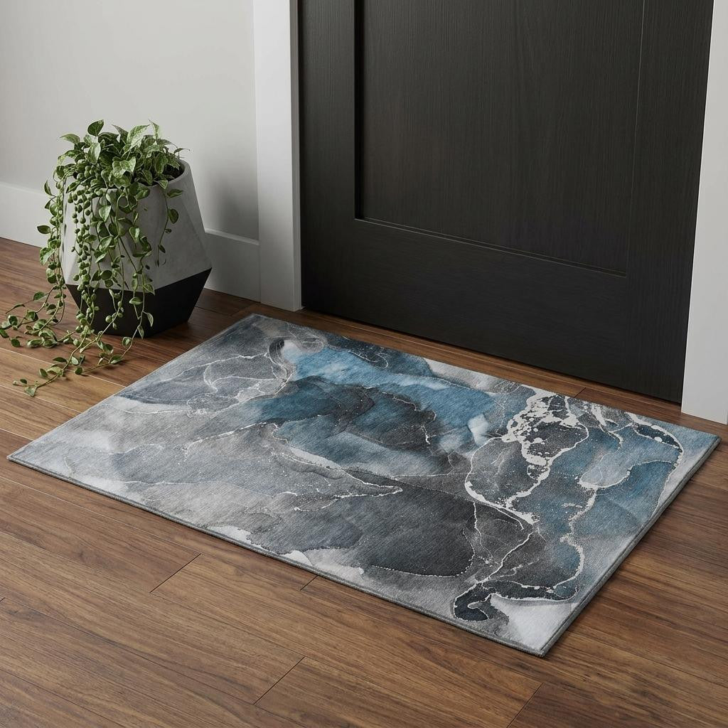 Blue And Charcoal Abstract Washable Area Rug With UV Protection