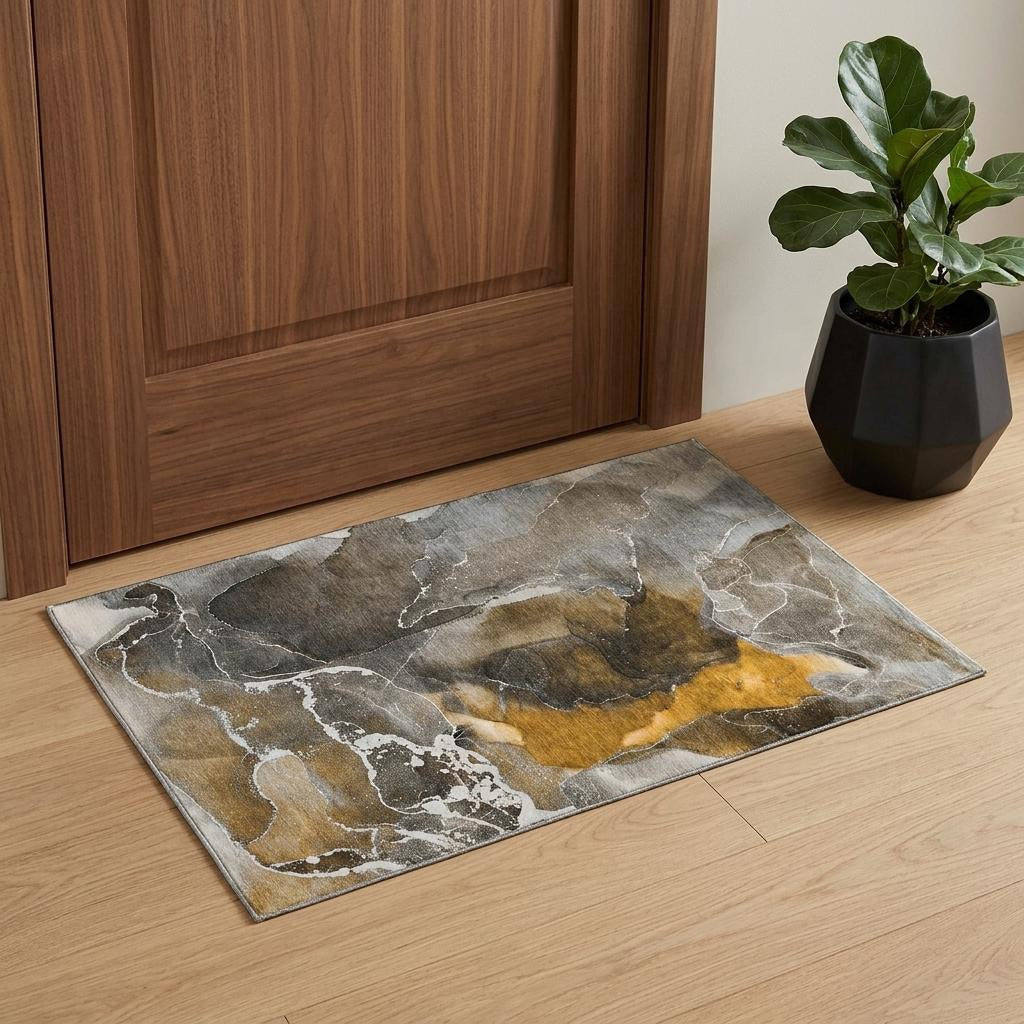 Brown And Ivory Abstract Washable Area Rug With UV Protection