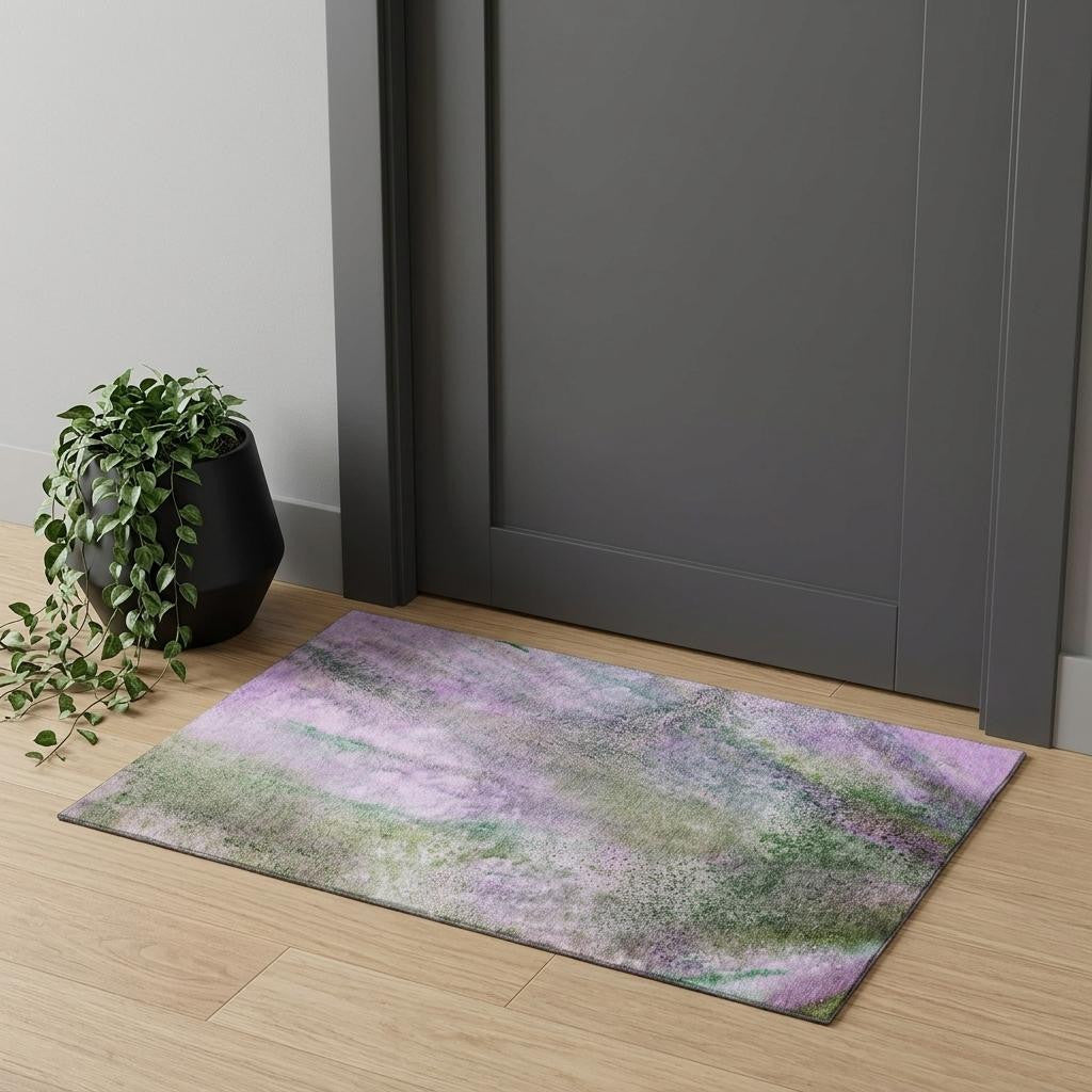 Purple And Green Abstract Washable Area Rug With UV Protection