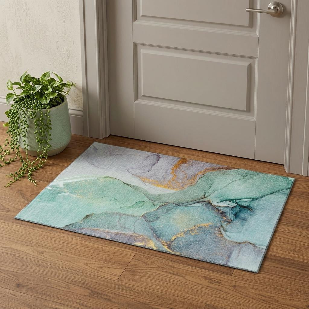 Teal Gold And Ivory Abstract Washable Area Rug With UV Protection