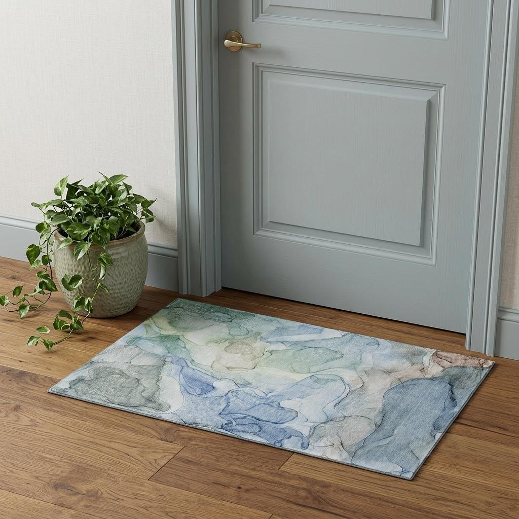 Blue And Ivory Abstract Washable Area Rug With UV Protection