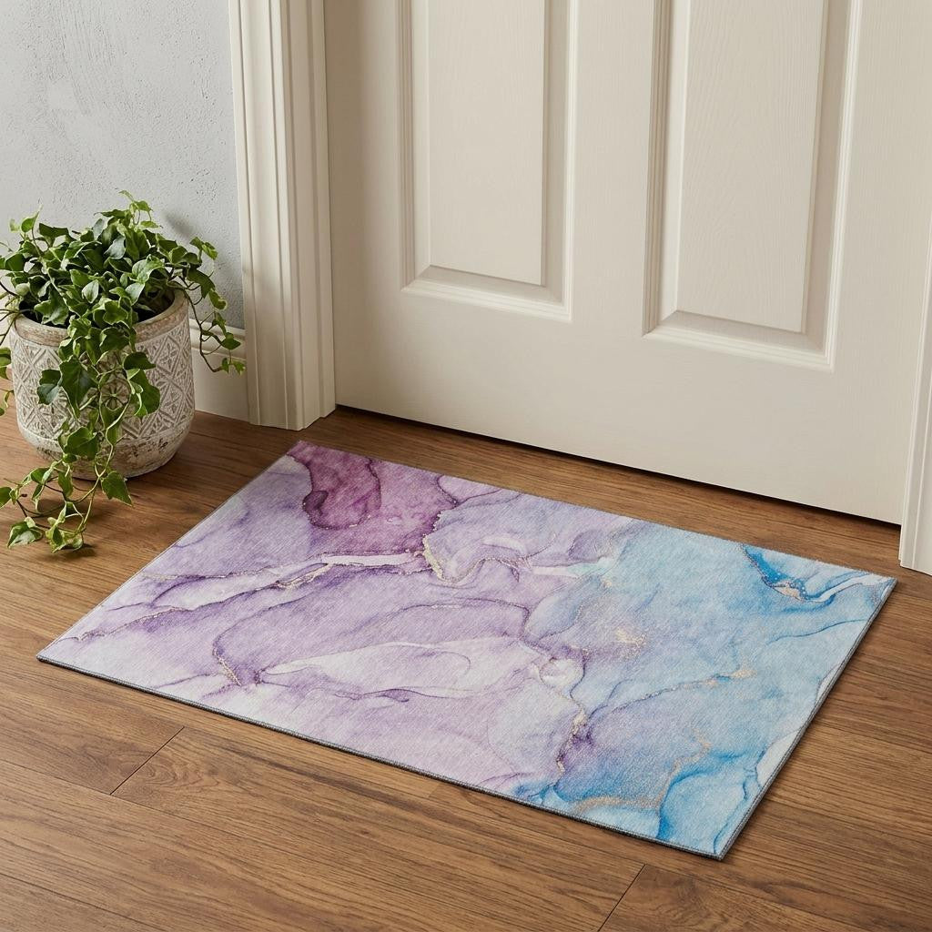 Purple Blue And Ivory Abstract Washable Area Rug With UV Protection