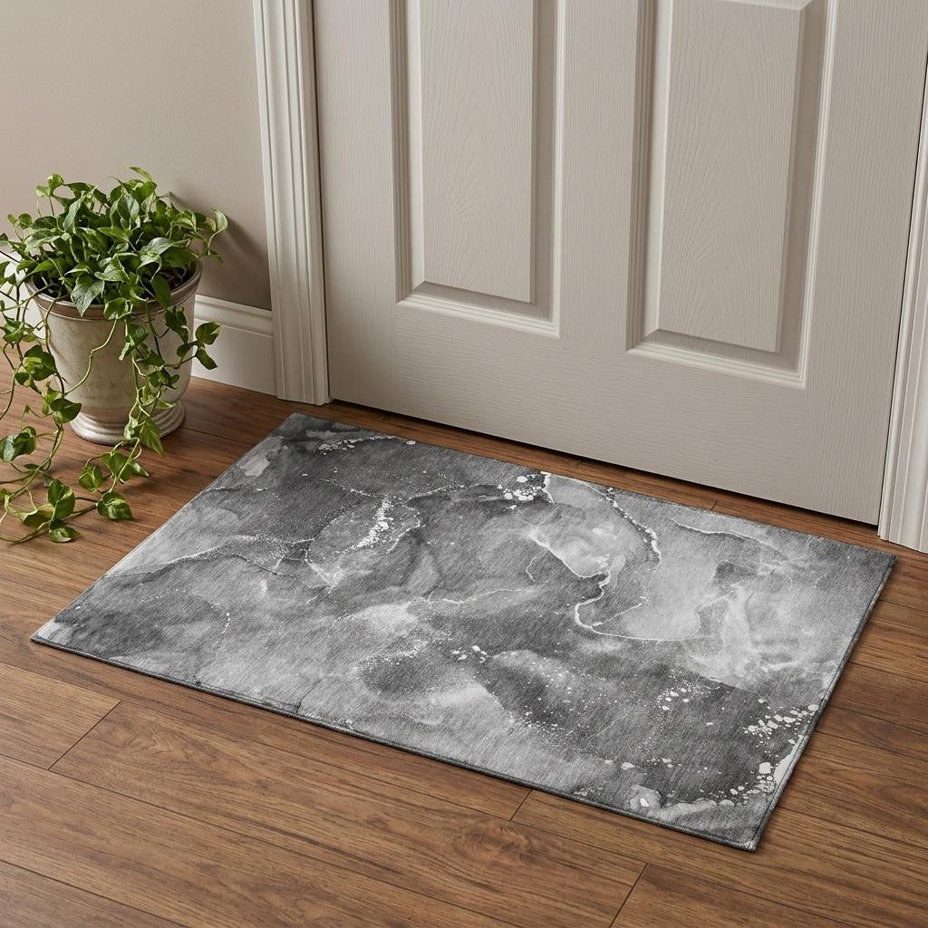 Gray And Ivory Abstract Washable Area Rug With UV Protection