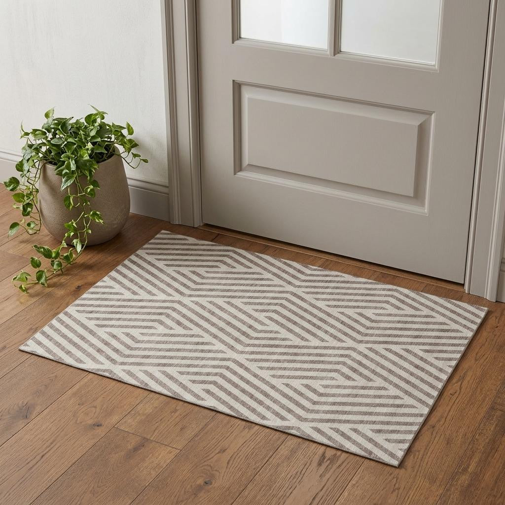 Taupe And Ivory Geometric Washable Area Rug With UV Protection