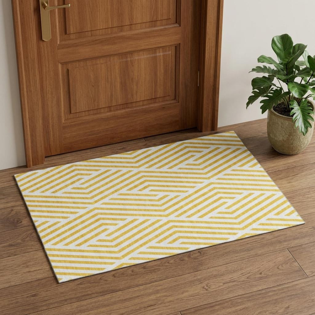 Yellow And Ivory Geometric Washable Area Rug With UV Protection