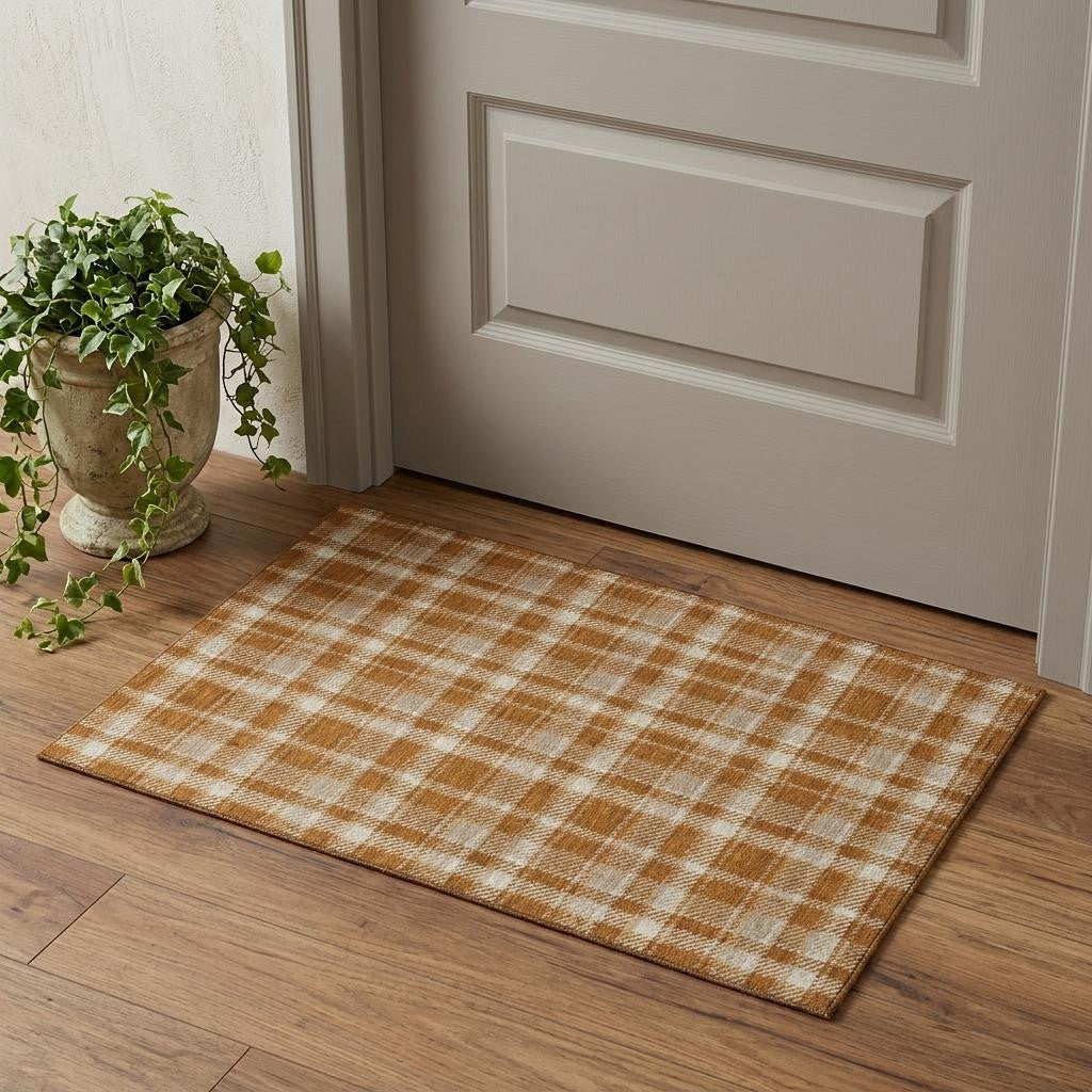 Rust And Ivory Plaid Washable Area Rug With UV Protection